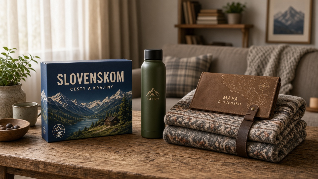 Fyzické produkty Velora Goods na stole: stolová hra, termoska, textil a mapa